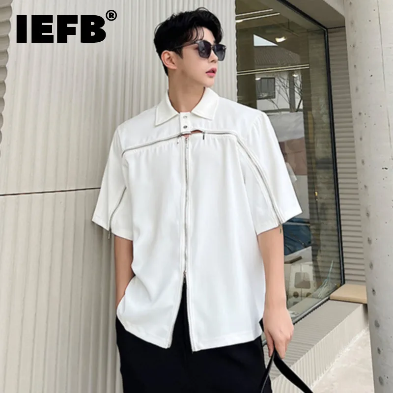 

IEFB New Fashion Men Short Sleeve Shirt Turn-down Collar Multi Zipper Decoration Niche Design Male Top 2024 Chic Clothing 9C5493