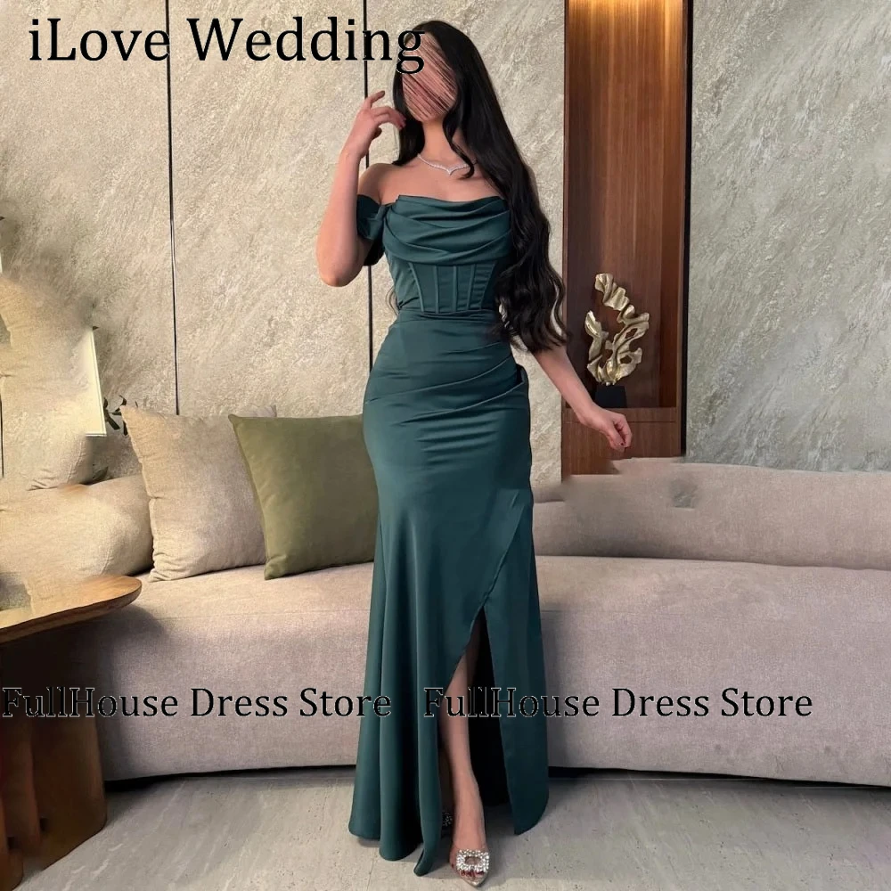 

Boat Collar Green Prom Party Dresses with Pleats Evening Dresses Sheath Side Split Prom Gown for Women Front Split Customized