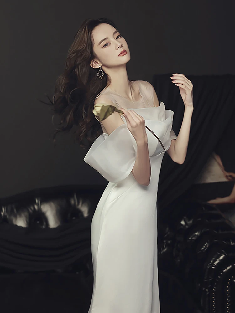 

White Satin Banquet Evening Dress Women Engagement Party Sexy Off The Shoulder Slim Mermaid Dresses Wedding Formal Gown