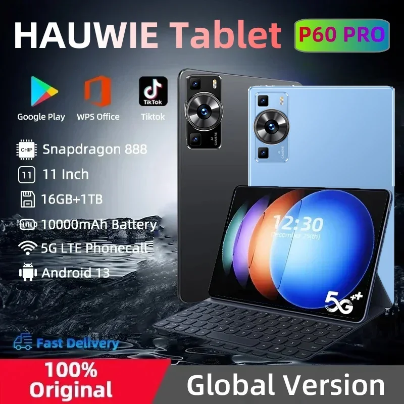 2024 Global Version Original P60 Pro Tablet Android 13 16GB+1TB 11 Inch Snapdrago 888 5G Dual SIM Card Phone Call WIFI HD 4K Tab