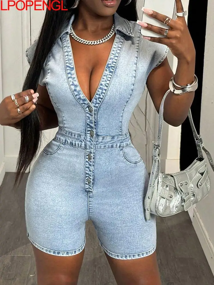 

New Women's Summer Fashion Solid Color High Street Cowboy Jumpsuit Shorts Loose V-neck Sexy Single-breasted Streetwear Rompers