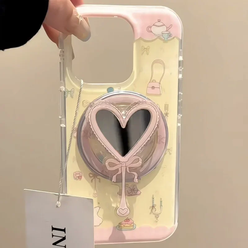 

Korean Cute 3D Heart Makeup Mirror for Magsafe Griptok Holder Phone Finger Ring Stand Support for IPhone 17 Girl Bracket