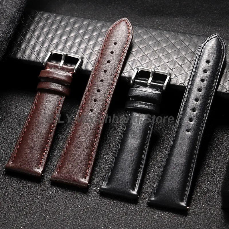 Weiches Echtleder-Armband, 14 mm, 16 mm, 18 mm, 20 mm, 22 mm, Herren-Ersatz-Handgelenkbänder, Silber, Schwarz, Roségold, Dornschließe