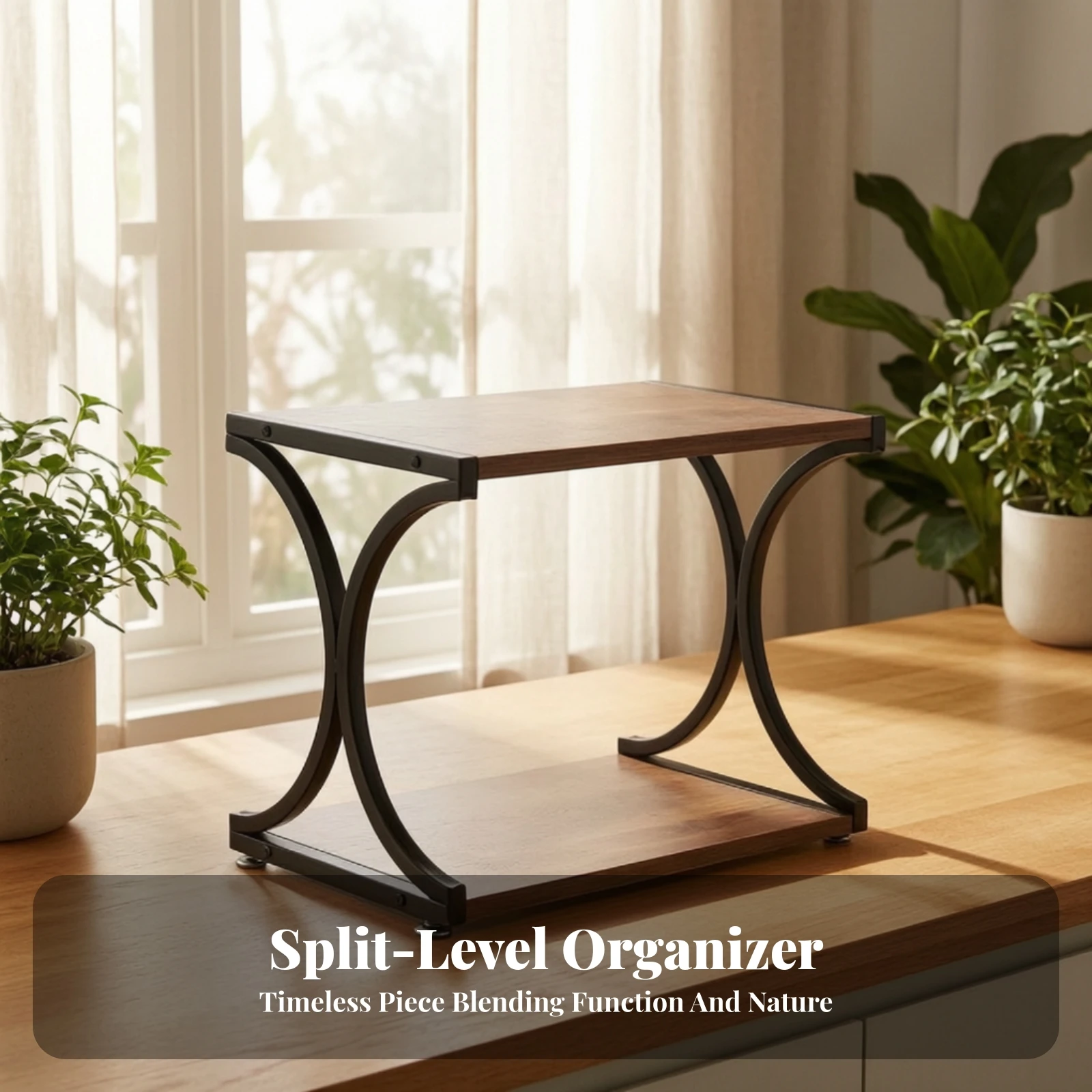 Countertop Organizer with Wood Shelf Double-Layer Two-Tier Storage Rack Countertop Shelf Organizer Kitchen Wooden