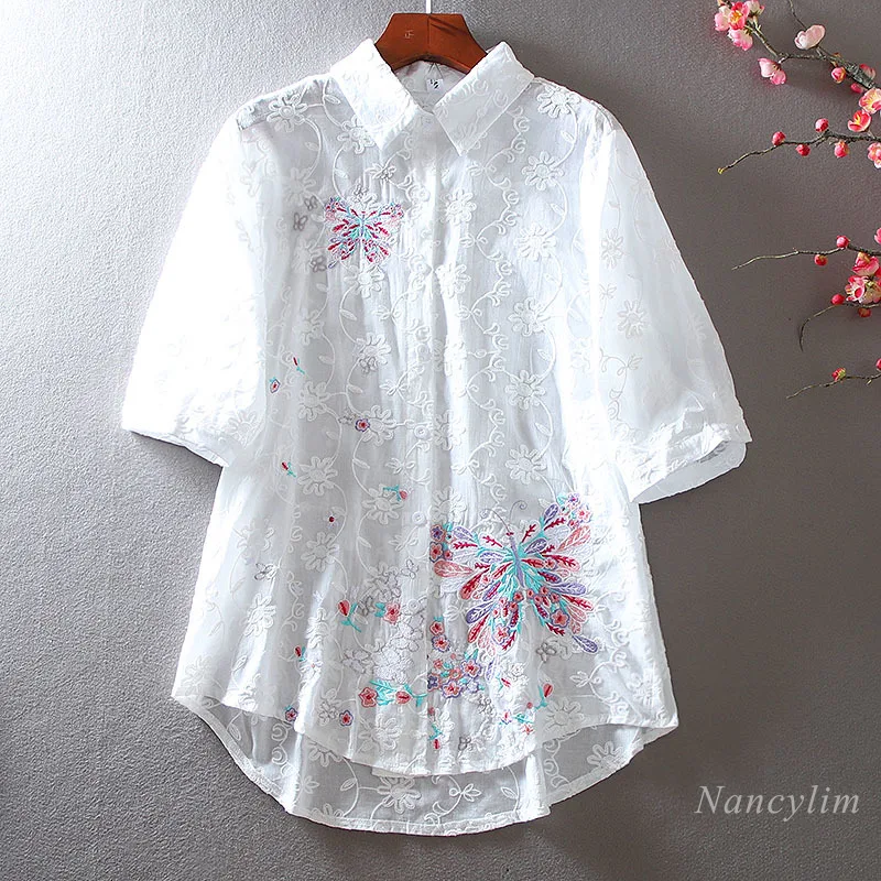 Summer Lapels Shirts Women Mid-Length Super Fairy Beautiful Machine Embroidery Loose High-Grade Pure Cotton Transparent Blouse