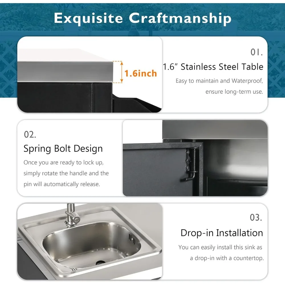 Кухонный остров "55,5" на открытом воздухе с раковиной — столешница и колеса из нержавеющей стали, мобильная тележка для гриля и бара"