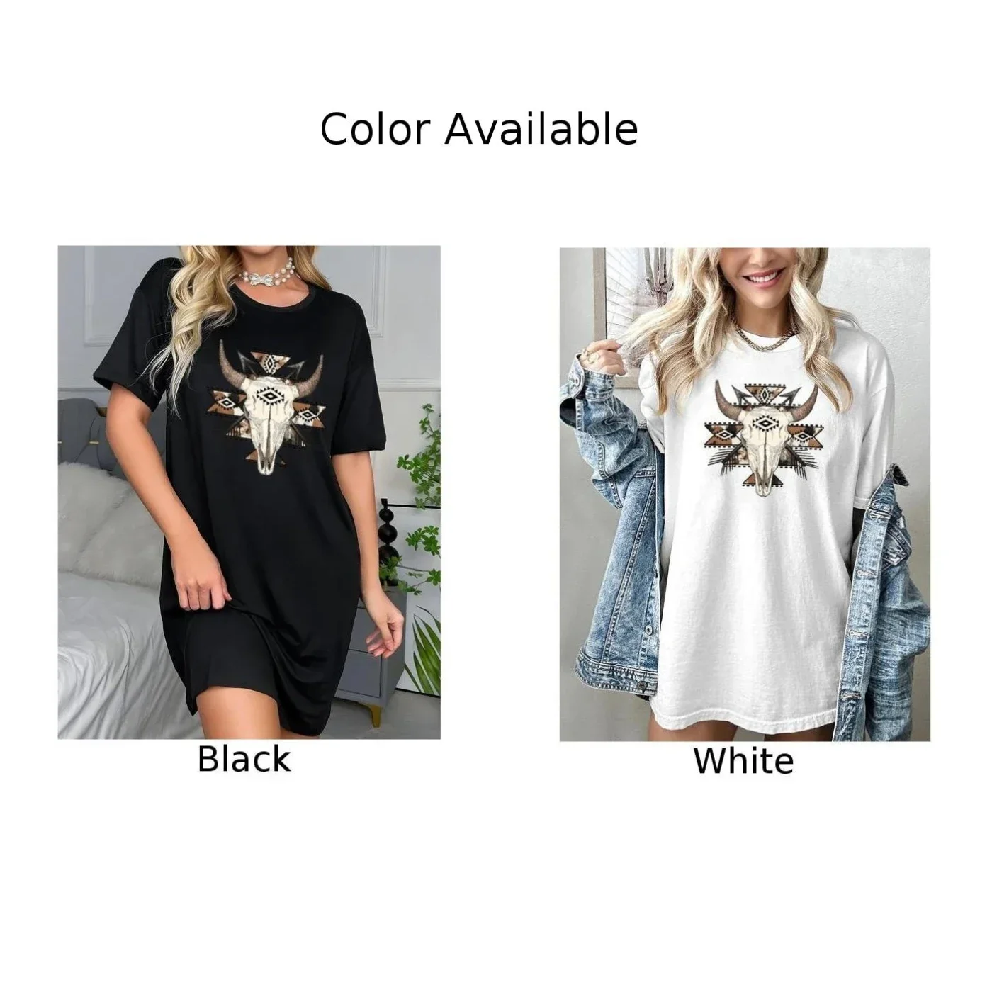 

2025 Summer Tops For Woman Short Sleeve T-Shirts Oversized Fashionable Casual West Cowgirl Style Boho Cow Skull Print Tops
