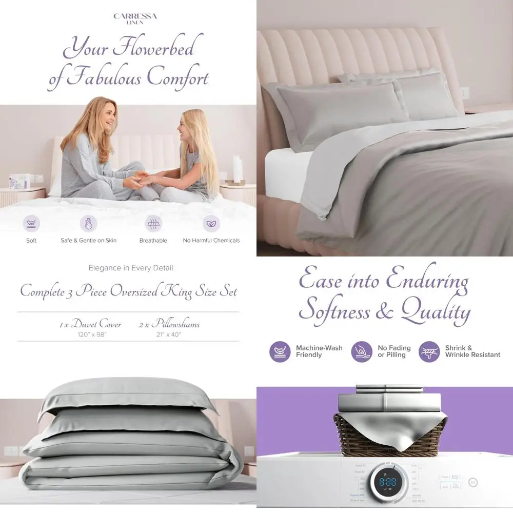 

King Size 600 Thread Count Egyptian Cotton Duvet Cover Set - Oversized, Soft, Breathable with Hidden Zipper, Silver