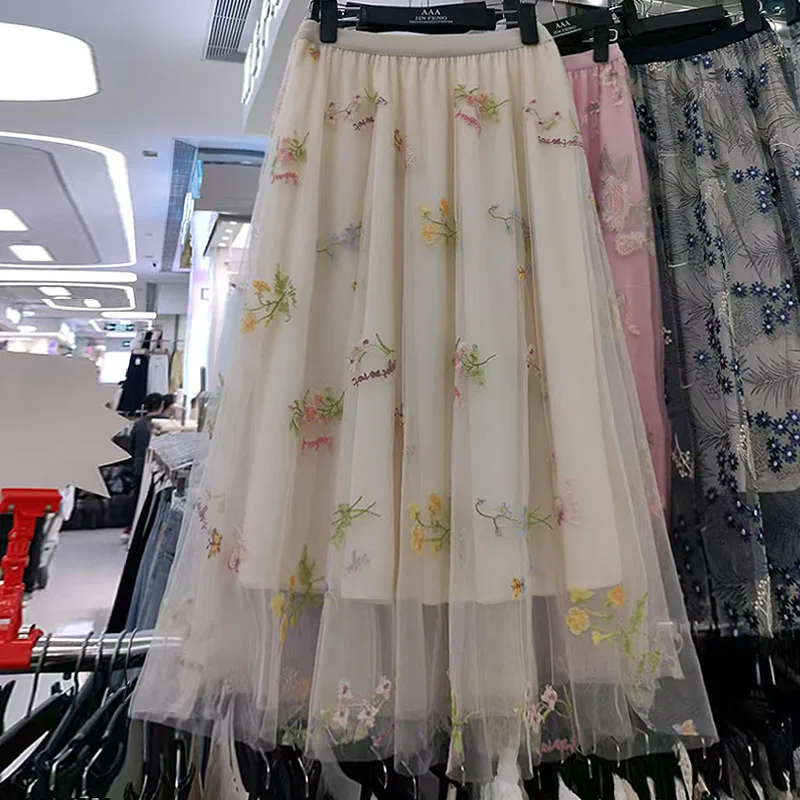 Wiosenna moda damska, spódnice z wysokim stanem, rozkloszowane, plisowane, długie spódnice letnie z siateczki, tiulu, haftowane, w kwiaty, koreańskie, eleganckie, codzienne spódnice.