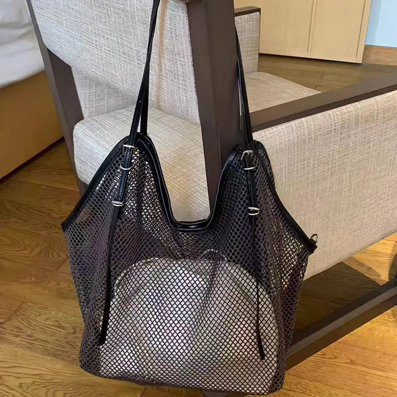 Neue Sommer-Mesh-Tragetasche, Große Kapazität Nischen-Mode-Schultertasche, Strand-Reise-Pendler-Fitness Ausgehöhlte Einkaufstasche – Detail 6