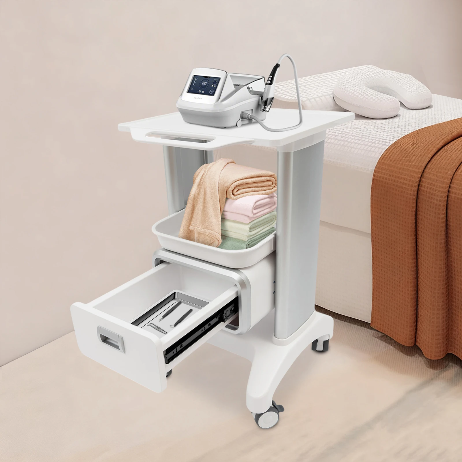 Salon Cart Medical Trolley 220Lbs Capacity ABS Rolling Tool Stand 4 Universal Wheels Mobile Cart with Drawer & 2 Trays for Hospital Beauty Salon Clinic - view 7