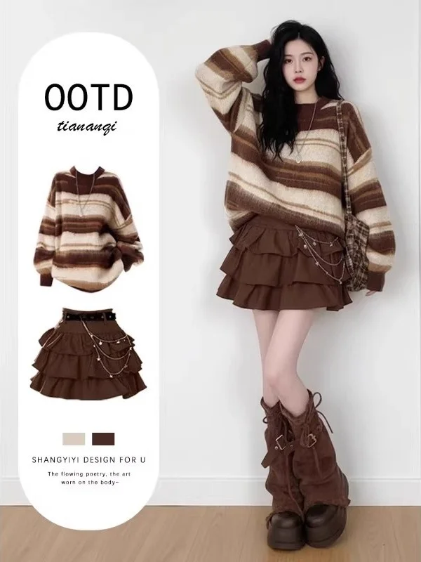 

Loose Fit Stripe Knit Sweater round Ne Lazy Sle Women's Autumn Winter Faion Vintage Mermaid Skirt Matching Online Exclu...