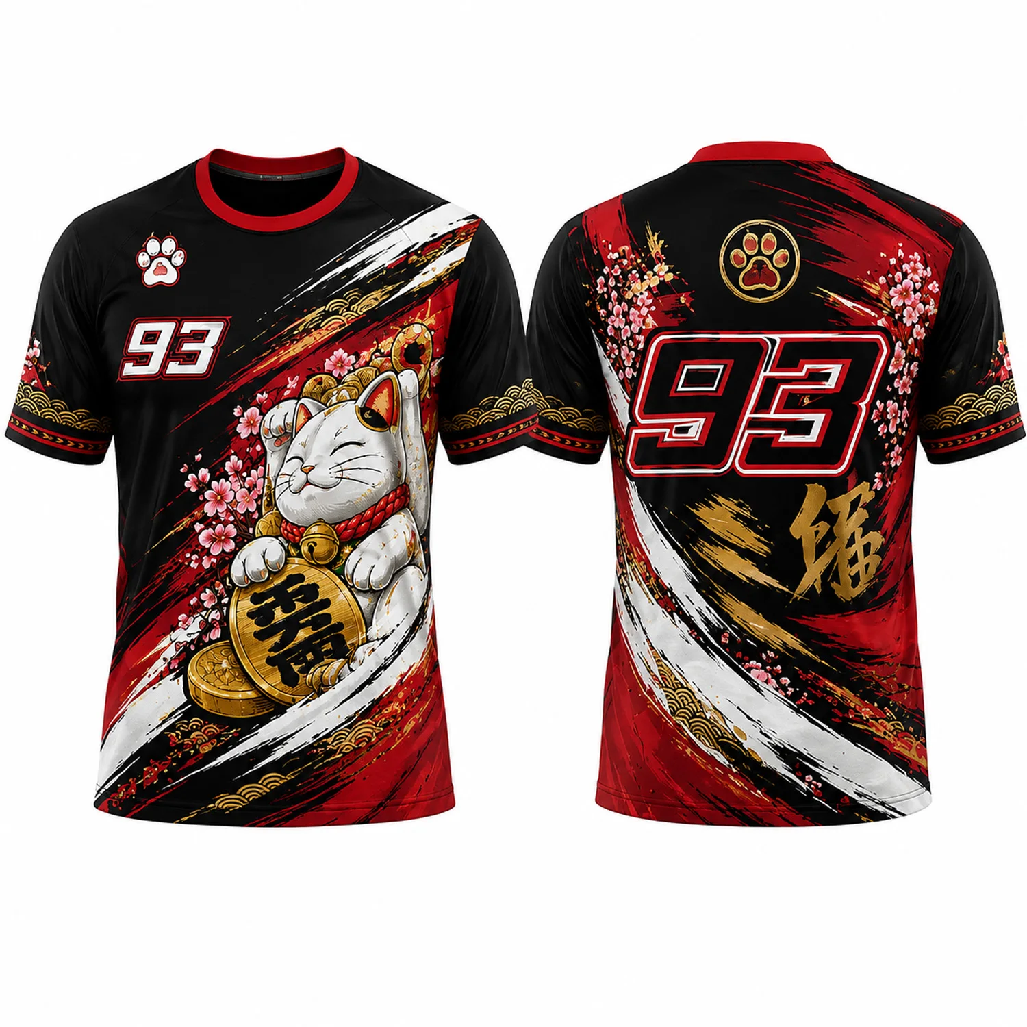 Lucky Cat 93 Motorcycle Racing Jersey Japanese Maneki Neko Graphic Moto Fan Shirt Black Red Unisex Sportswear Gift
