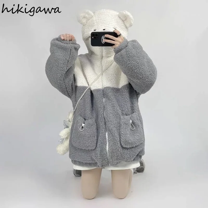 Sudaderas con capucha de oso lindo para mujer, ropa de jersey de invierno, chaquetas de dibujos animados Y2K, abrigos, Tops con capucha, ropa de