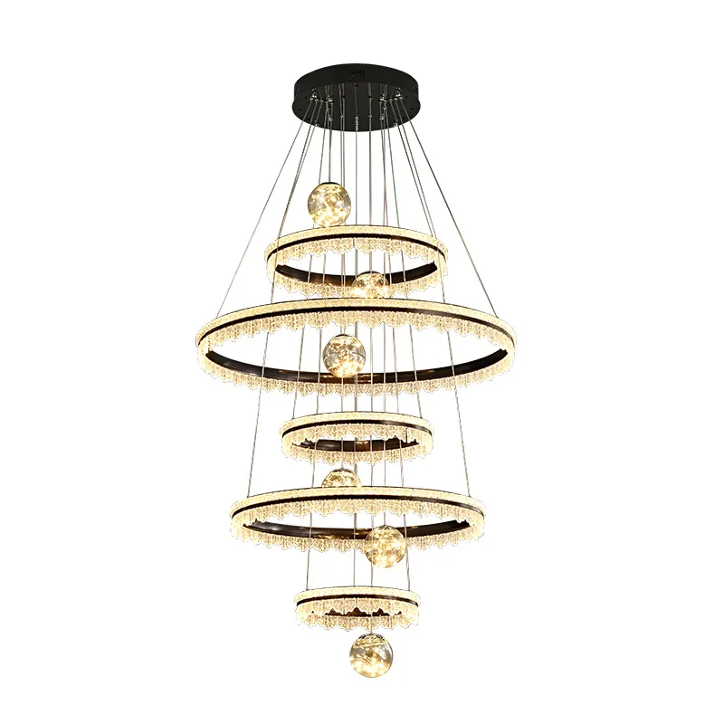 

Villa empty living room large chandelier, light luxury building middle floor high, crystal gypsy duplex