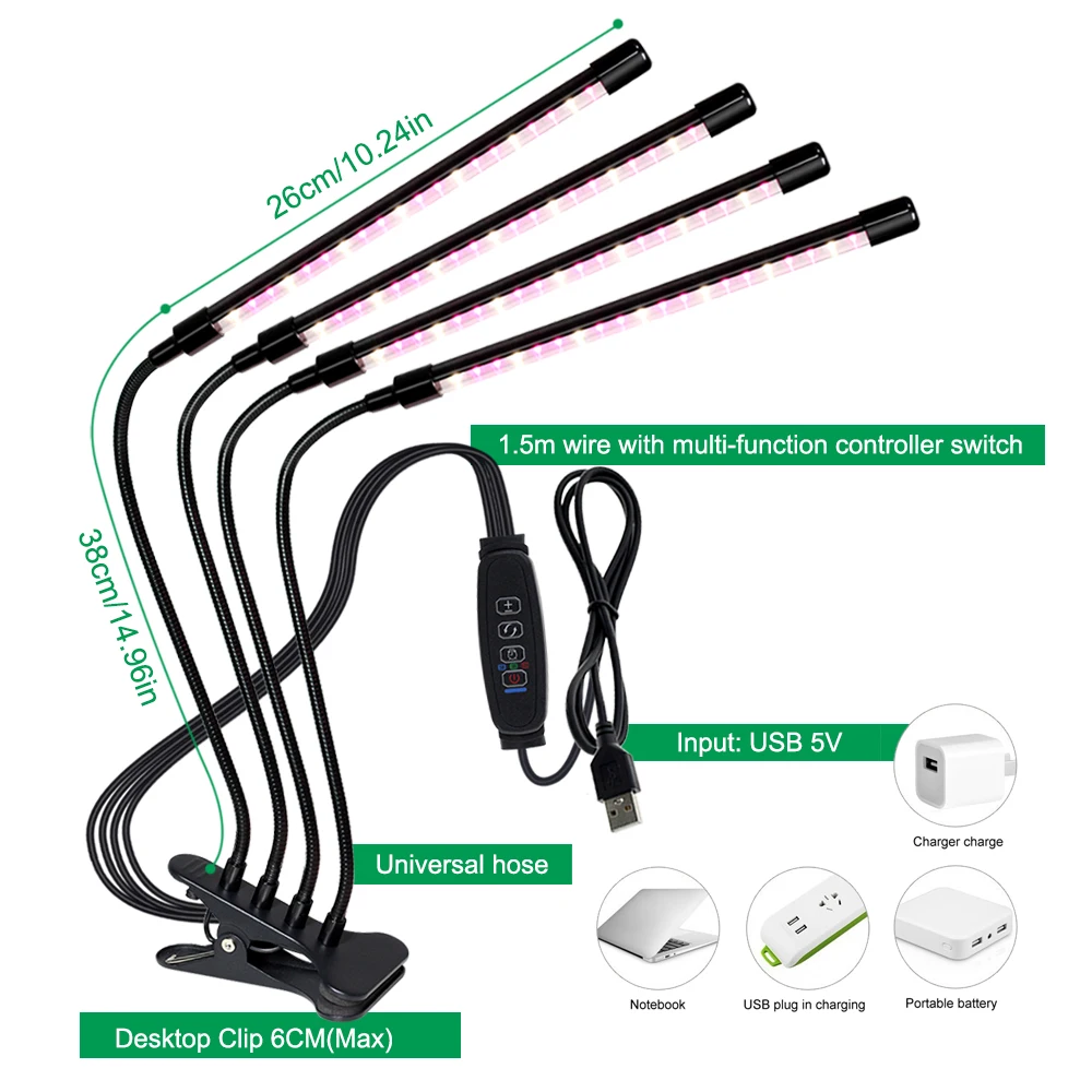 5V USB dimmbare LED-Pflanzenlampe, Vollspektrum-Pflanzenlampe SMD2835 4000K 400nm-780nm mit Timer-Funktion für Indoor-Sämlinge, Gemüse, Kräuter & Blumen