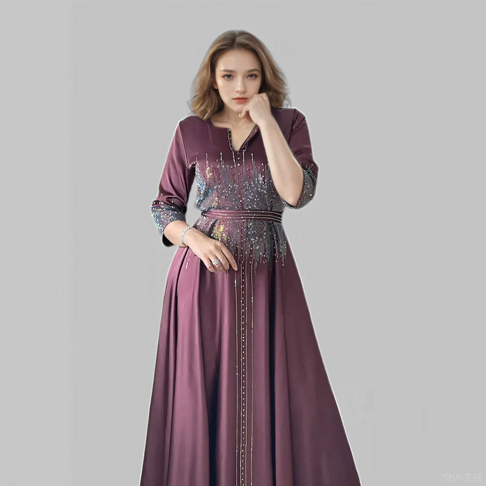 Abaya musulmana elegante para mujer, traje de noche con cuentas de diamantes, ropa informal de lujo, Vestido de satén de Dubái, moda 2024