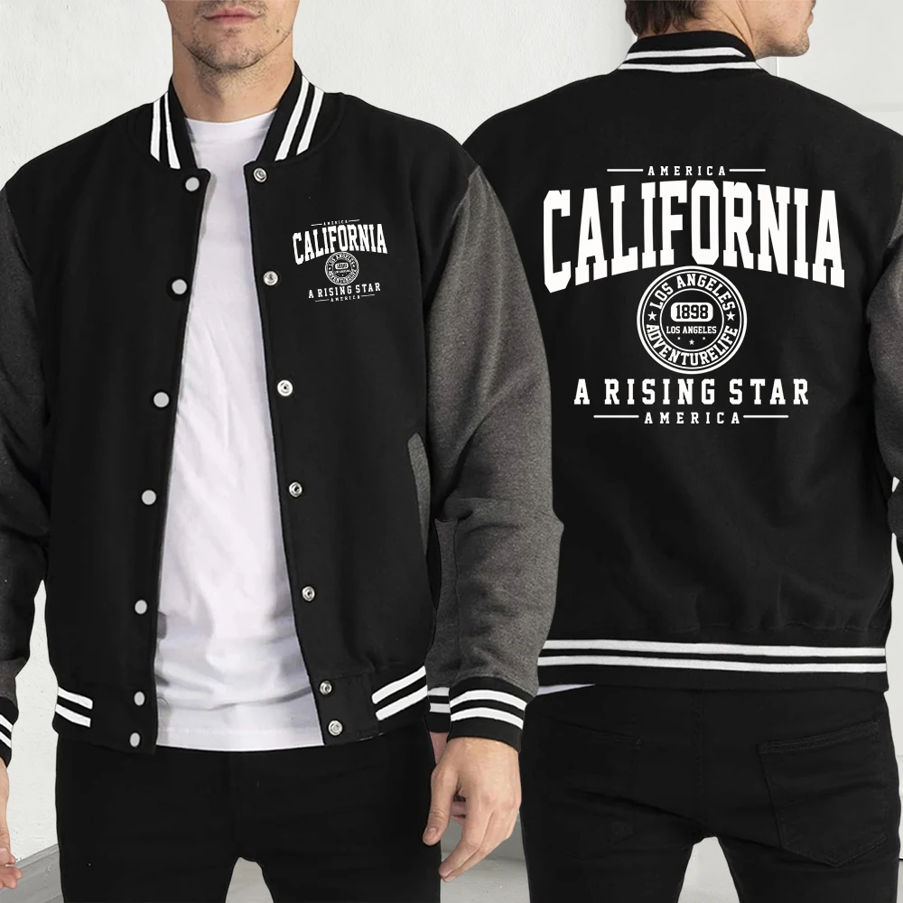 

California A Rising Star Print Men Clothes Fashion Streetwear Creativity Fleece Baseball Jersey Warm Loose Jackets Autumn