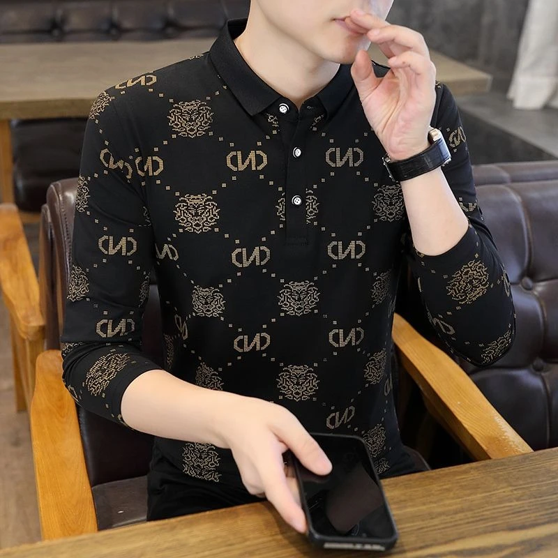 

Модная мужская футболка-поло с длинным рукавом из мягкого чистого хлопка с принтом для работы, повседневной носки и активного отдыха весной и осенью