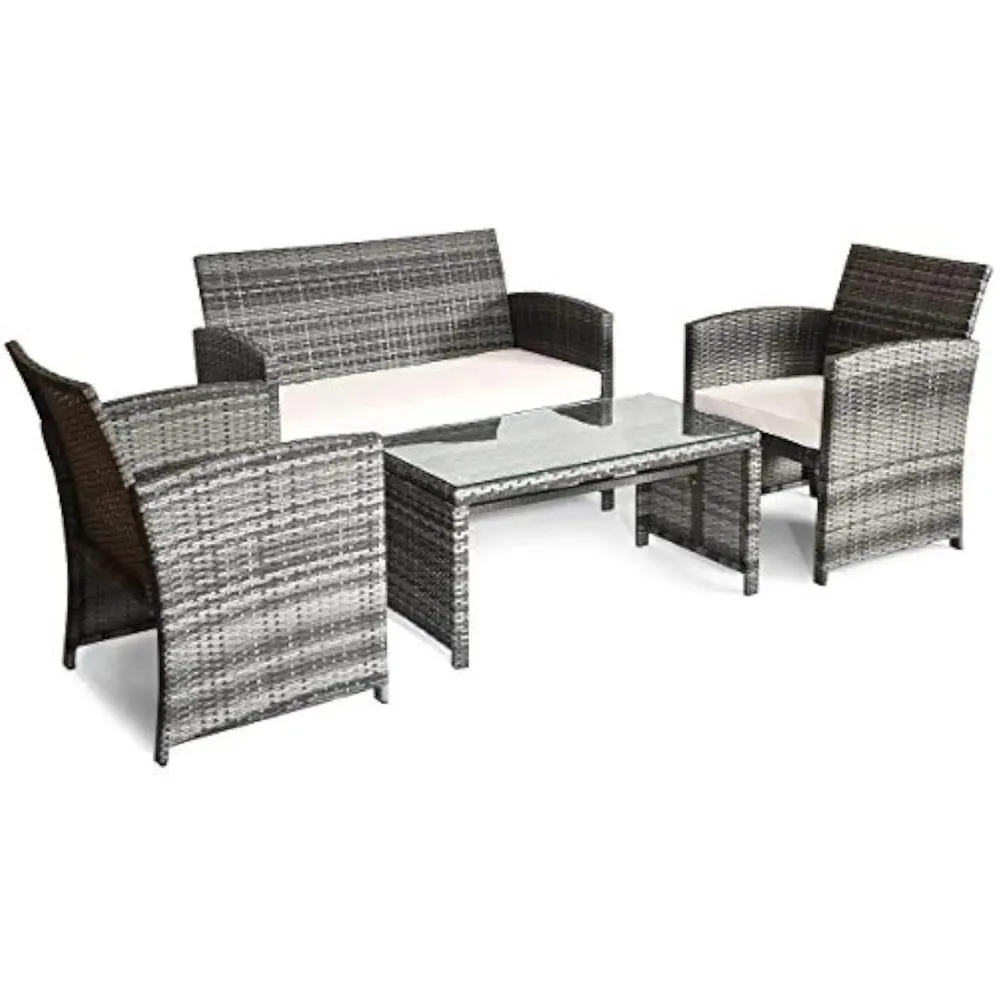 

4-Piece Wicker Sofa Chair and Table Set, Patio Rattan Conversation Set w/Removable Cushions, Outdoor Sofa Furniture w/Tempered