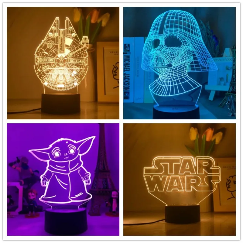 Figurki Anime Star Wars Lampa 3D LED Illusion Night Light Yoda Baby Lampara dla dzieci Dekoracja sypialni Lampka nocna Manga Lampa stołowa