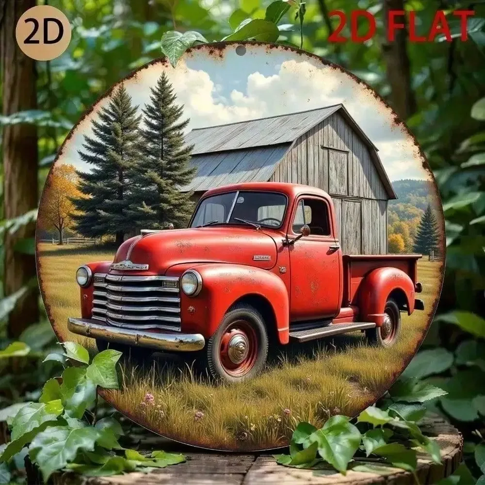 CIFBUY Vintage Red Pickup Truck Metal Wall Art 2D Flat Rustic Barn Scene Country Home Decor