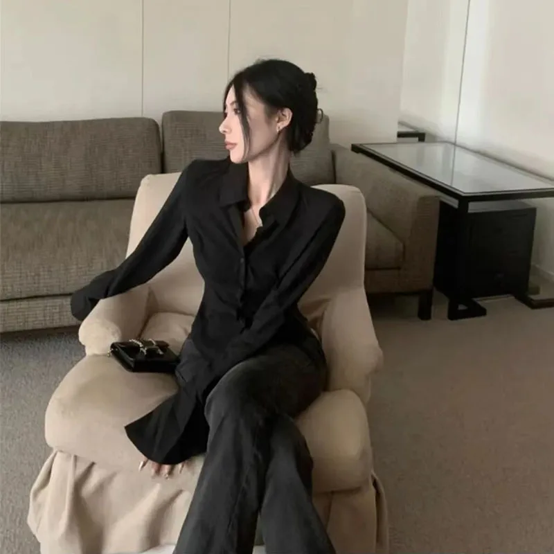 Frauen Sexy Schlank Schwarz Weiß Chiffon Hemd Koreanische Mode Tunika Zurück Spitze-up Flare Hülse Blusen drehen-unten Kragen Shirts Herbst – Detail 13