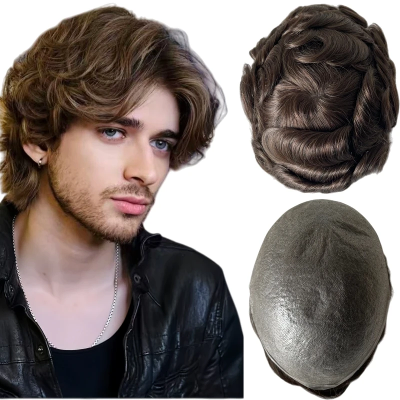 أنظمة الشعر البشري البرازيلي العذراء # 5 شعر مستعار بني فاتح 32 مم، حلقة 8 × 10 فولت 03 وحدة جلدية رفيعة للغاية للرجال البيض