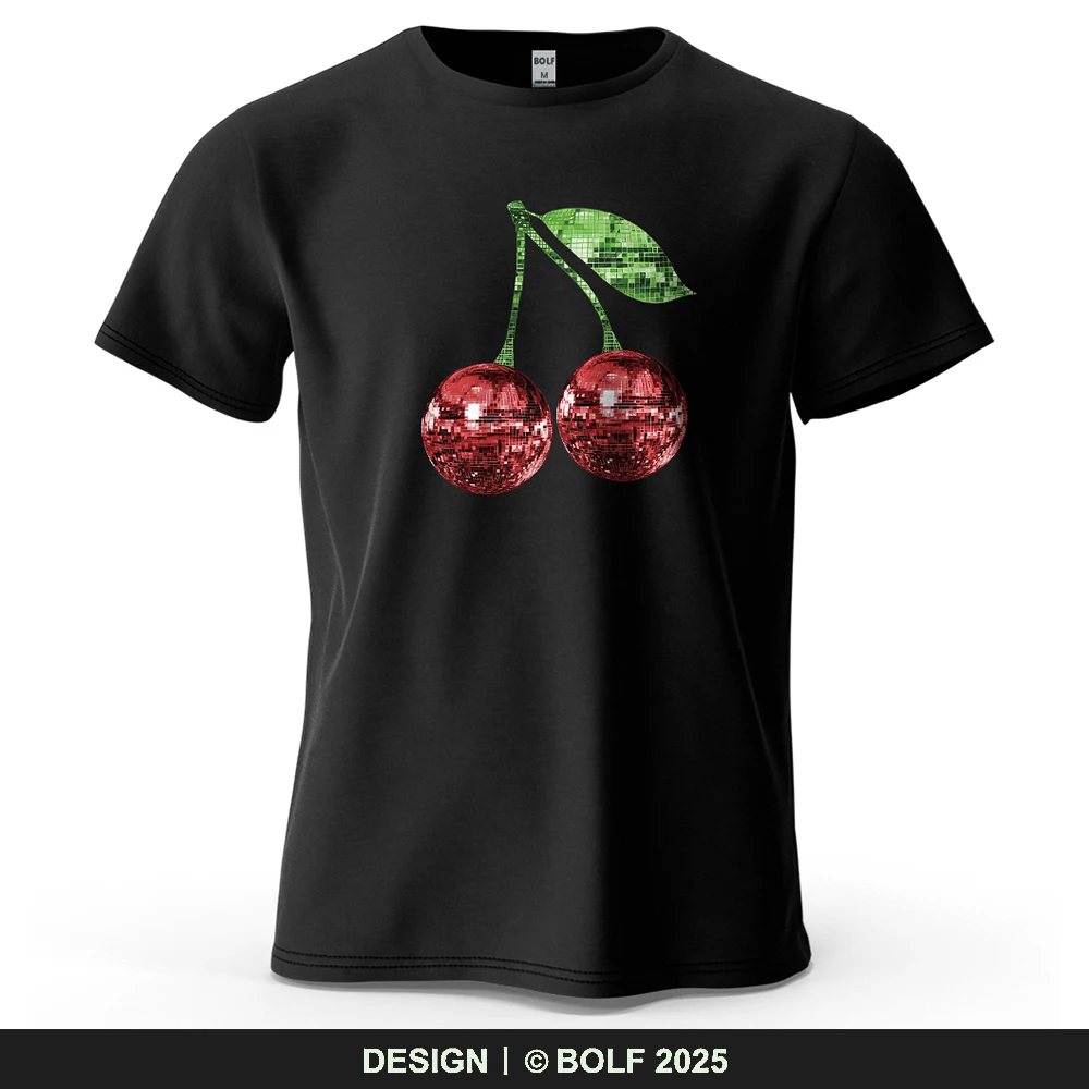 Disco-Stil Kirschen bedrucktes Herren-T-Shirt aus 100 % Baumwolle, übergroße glitzernde Grafik-T-Shirts für Damen, Tops, T-Shirts, Streetwear