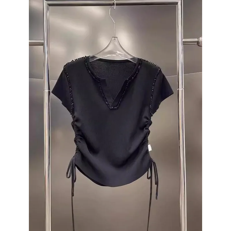 

Fashion Simple V-neck Black Bottoming T-shirts Slim Fit Drawstring Ruched T-shirts 2025 Sumemr New Ice Silk Tee Shirt