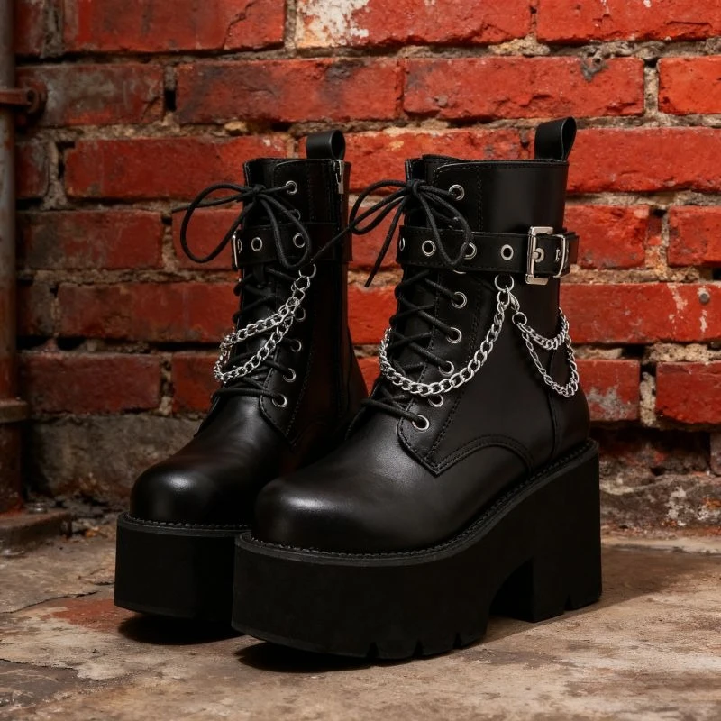 

Женские черные короткие мотоциклетные ботинки на платформе, женские модные ботильоны из искусственной кожи на толстой подошве с цепочкой, зимняя женская обувь
