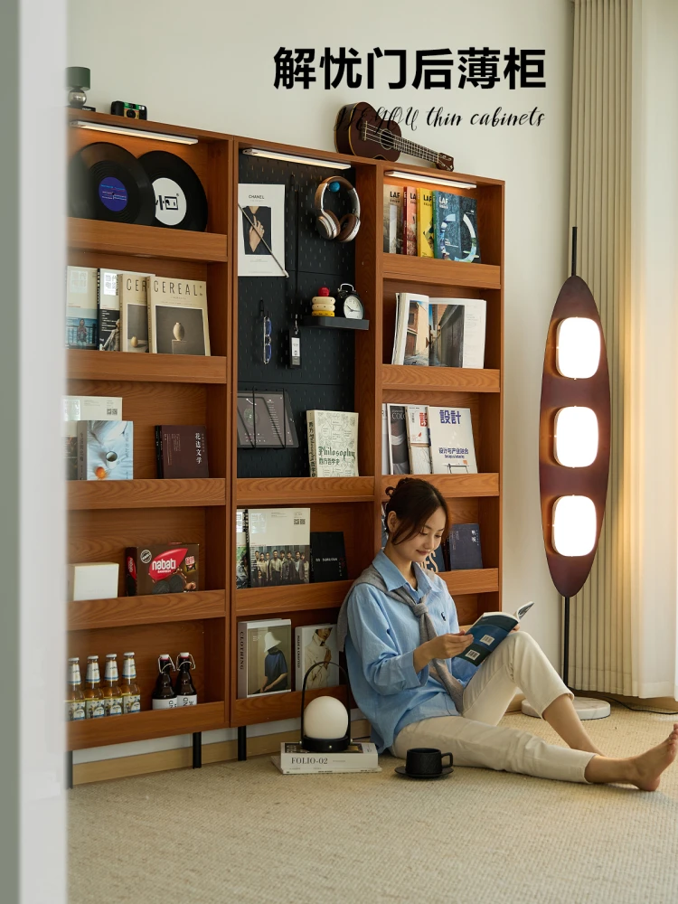 Solid wood bookshelf thin cabinet medieval color shelf hole board against the wall bookshelf crack storage cabinet