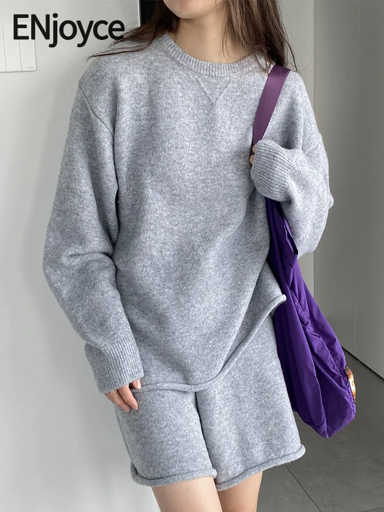 Women Casual Knitted Sweatshirt Hoodies Tops and Wide Leg Shorts Two Pieces Sets 2024 Autumn Korean Fashion Y2K Streetwear