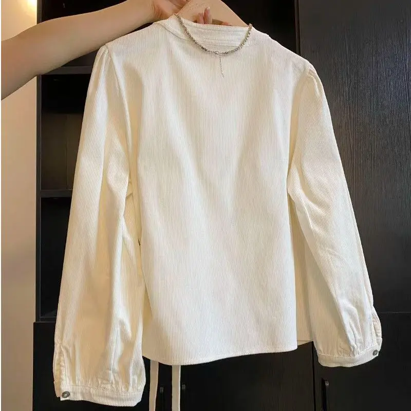 Design Sense Lace-up Waist Thickened Corduroy White Shirt Autumn And Winter French Temperament Waist Thin Long-sleeved Top