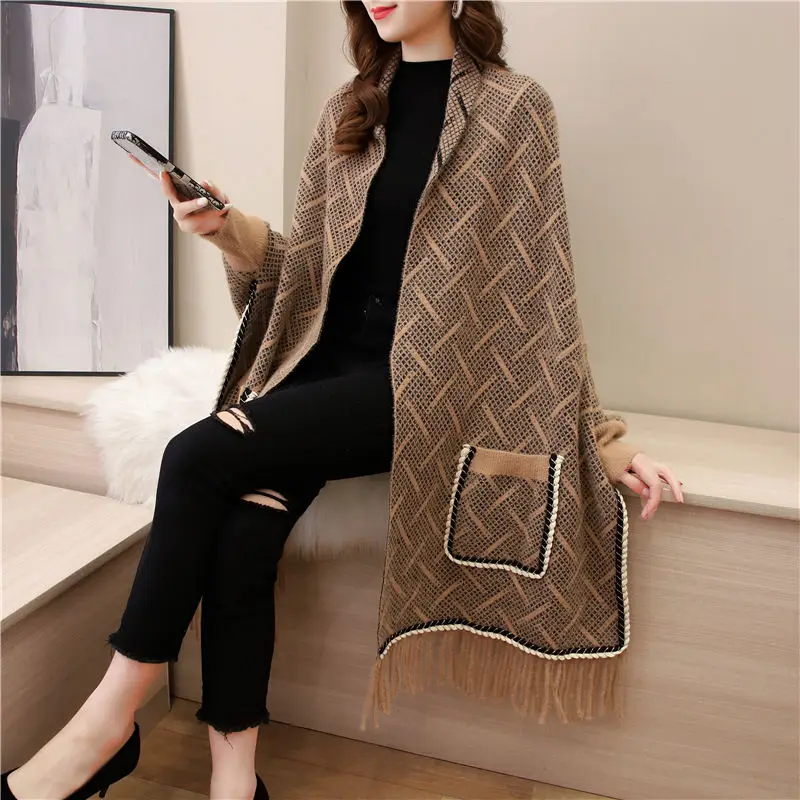 

Korean poncho autumn and winter plaid imitation mink velvet with sleeves shawl women double-sided cloak towel tassel bat tape
