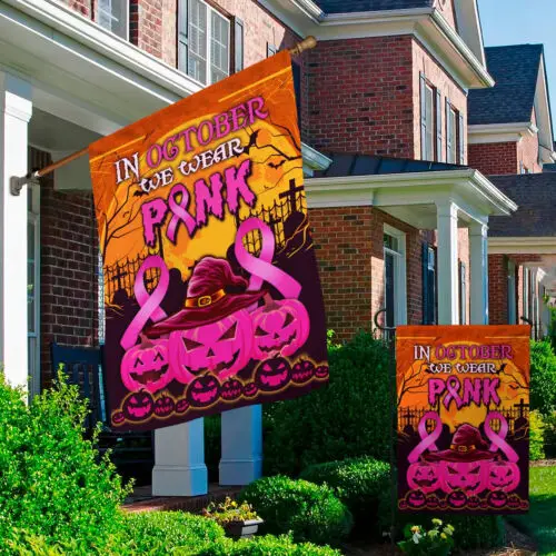 In October We Wear Pink Breast Cancer Pumpkins Halloween Garden Flag