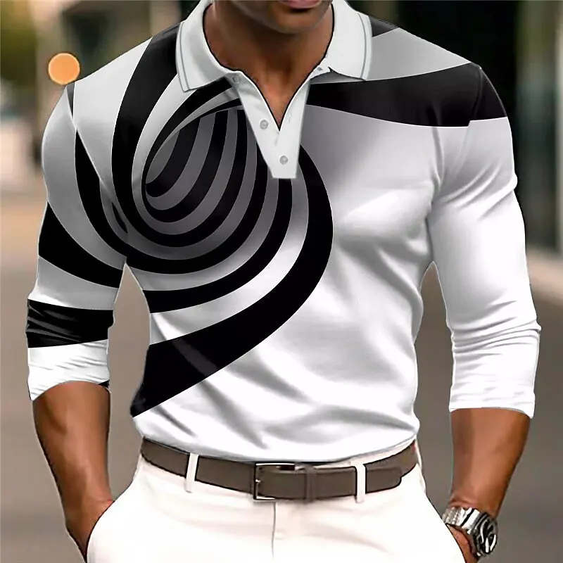 Men's Artistic Swirl Print Polo – Slim Fit Curved Stripe Top for Gallery Visits, Creative Meetups & Bold Style