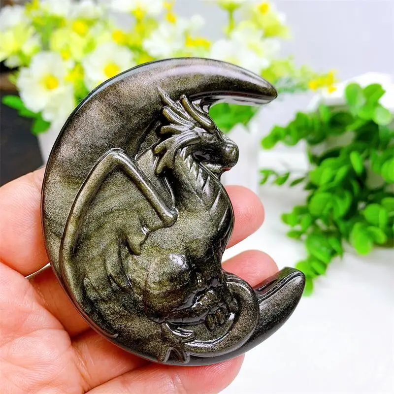 8cm Natural Golden Obsidian Crystal Handmade Carved Moon And Dragon Polished Animal Powerful Statue For Home Decoration Gift 1pc