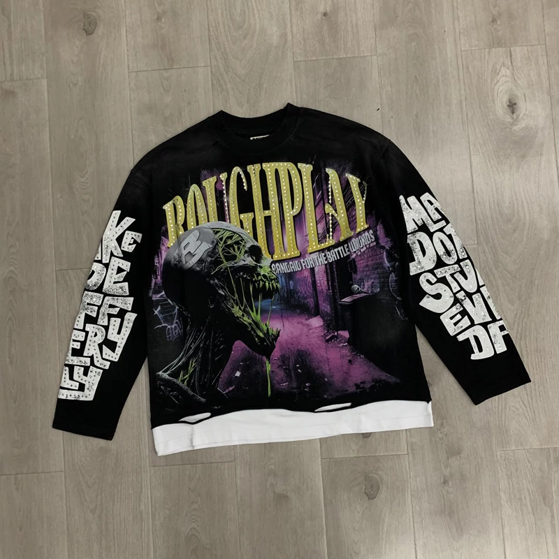Men's Women's Loose High Street Hip Hop Rough Play Long Sleeved Summer Spring New High-quality Vintage Washed Black Top
