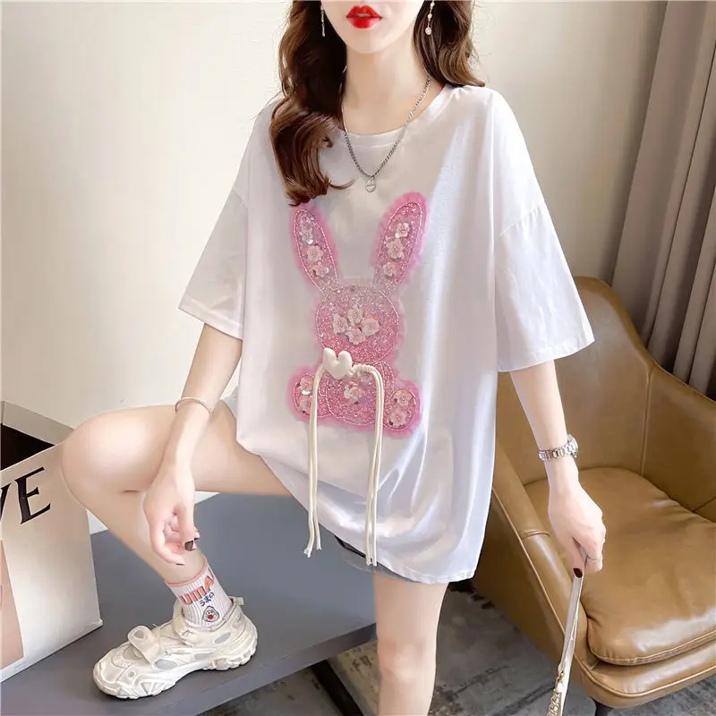 2022 New Trendy Heavy Industry Thin Diamond-Encrusted Short-Sleeved Top Women's