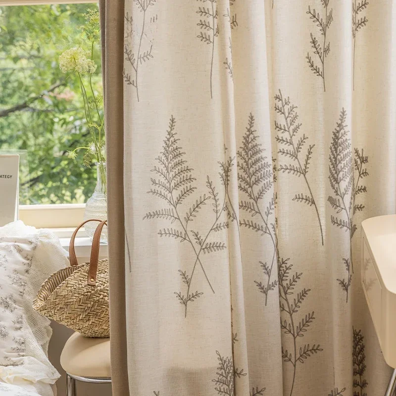 Minimally Rice Coffee Colored Curtains Patchwork Plant Embroidery Shading Cotton and Linen Curtains for Bedroom Living Room