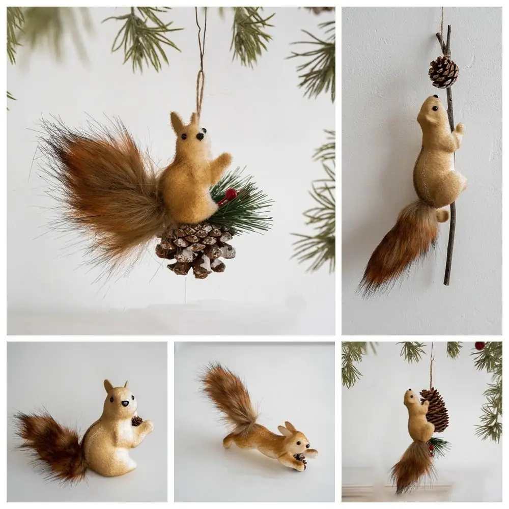 Diy decorações de árvore de natal pequeno leve árvore de natal pendurado ornamentos brinquedo festival simulado esquilo pingente