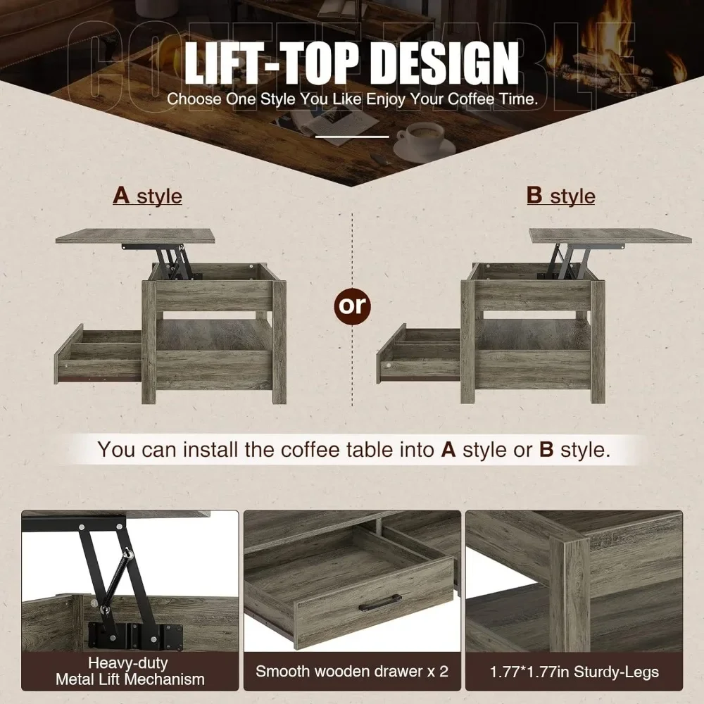 서랍과 숨겨진 칸막이가있는 커피 테이블, 나무 리프팅 탑이 있는 빈티지 중앙 테이블, 거실용, 세척 오크