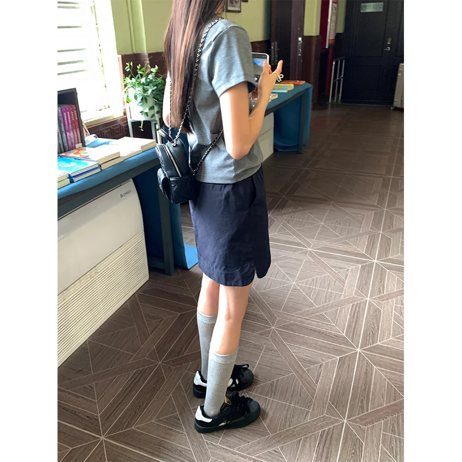 Korean Style Retro Fashion High Waist Drawstring Cargo Short Skirt for Women College Students Dark Blue Chic A-line Summer Skirt