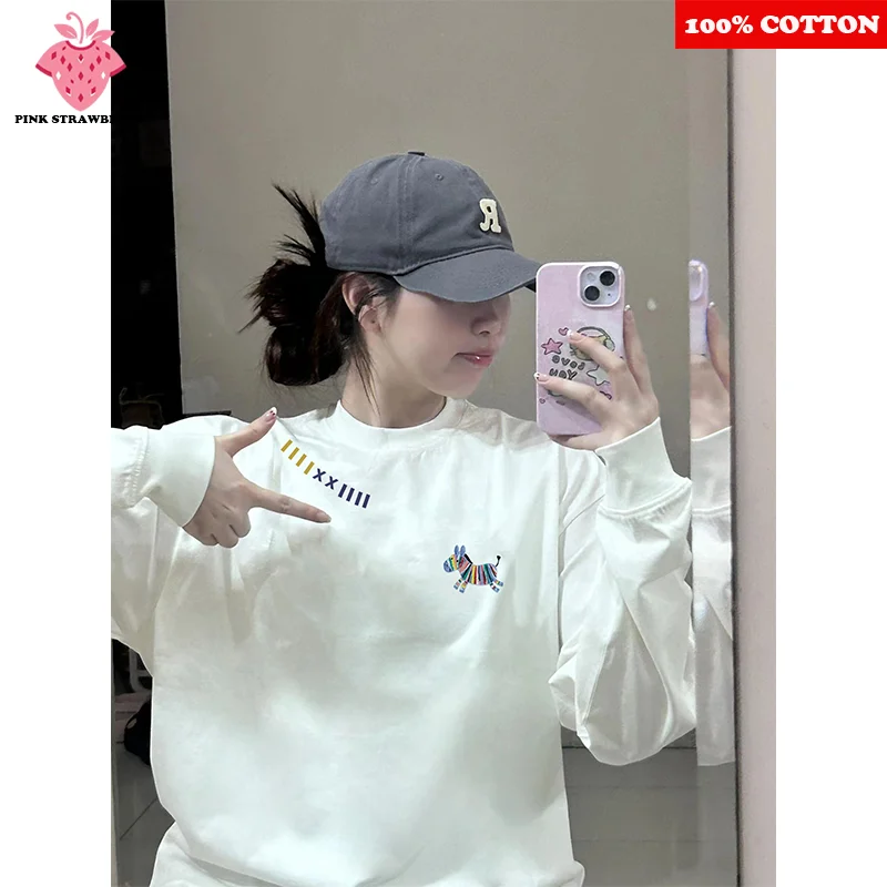 

Cute Colorful Pony Print T-shirt Women Autumn 2025 New 100%Cotton White Long sleeves T-shirt Casual Loose Y2k Top kawaii clothes