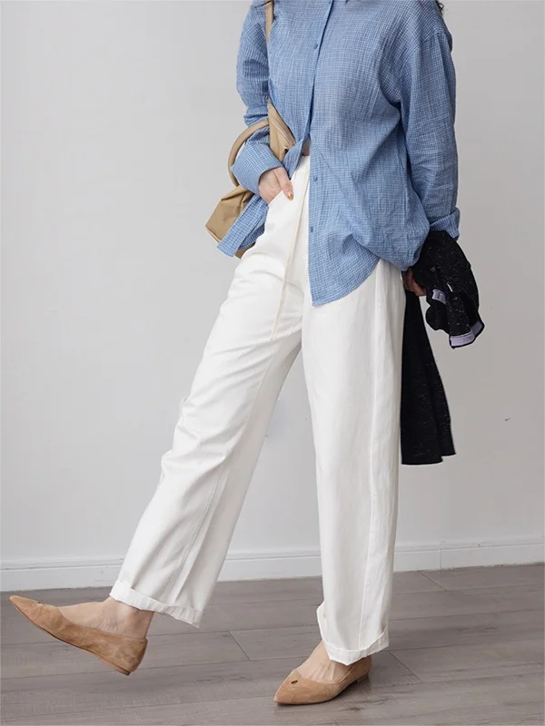 

VEENJOY26 Spring Pear Lady's Elastic Waist Lyocell Cotton Scythe White Jeans Cotton Straight Leg Non-Stretch Women's Jeans