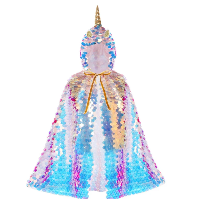Kids Mermaid Princess Sequin Cape Colorful Glitter Cloak Sparkly Beaded Shawl for Cross‑border Party Cosplay & Stage Performance - view 4