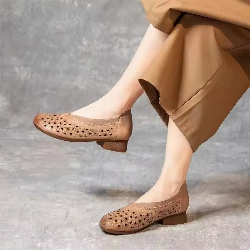 أحذية نسائية فرنسية كاجوال من الجلد أحذية مسطحة صيفية مجوفة ناعمة أنيقة بدون كعب أحذية نسائية #6