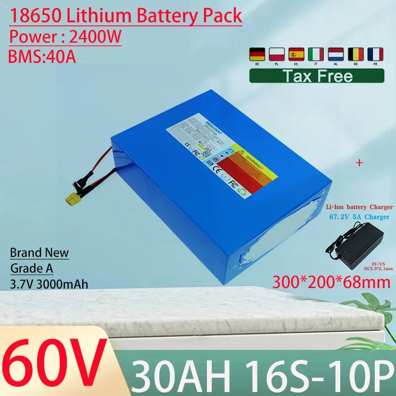 60V 30Ah 18650 16S10P Lithium Ion Battery Pack 2400W Power Tool Batteries Outdoor Backup Batteries With 40A BMS+67.2V 5A charger