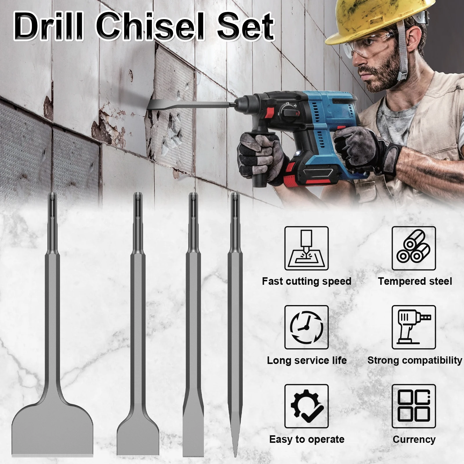 4Pcs SDS Plus Chisel Set High Carbon Steel Tile Removal Chisel Bit Ergonomic Rotary Hammer Chisel Hammer Drill Chisel Point Flat